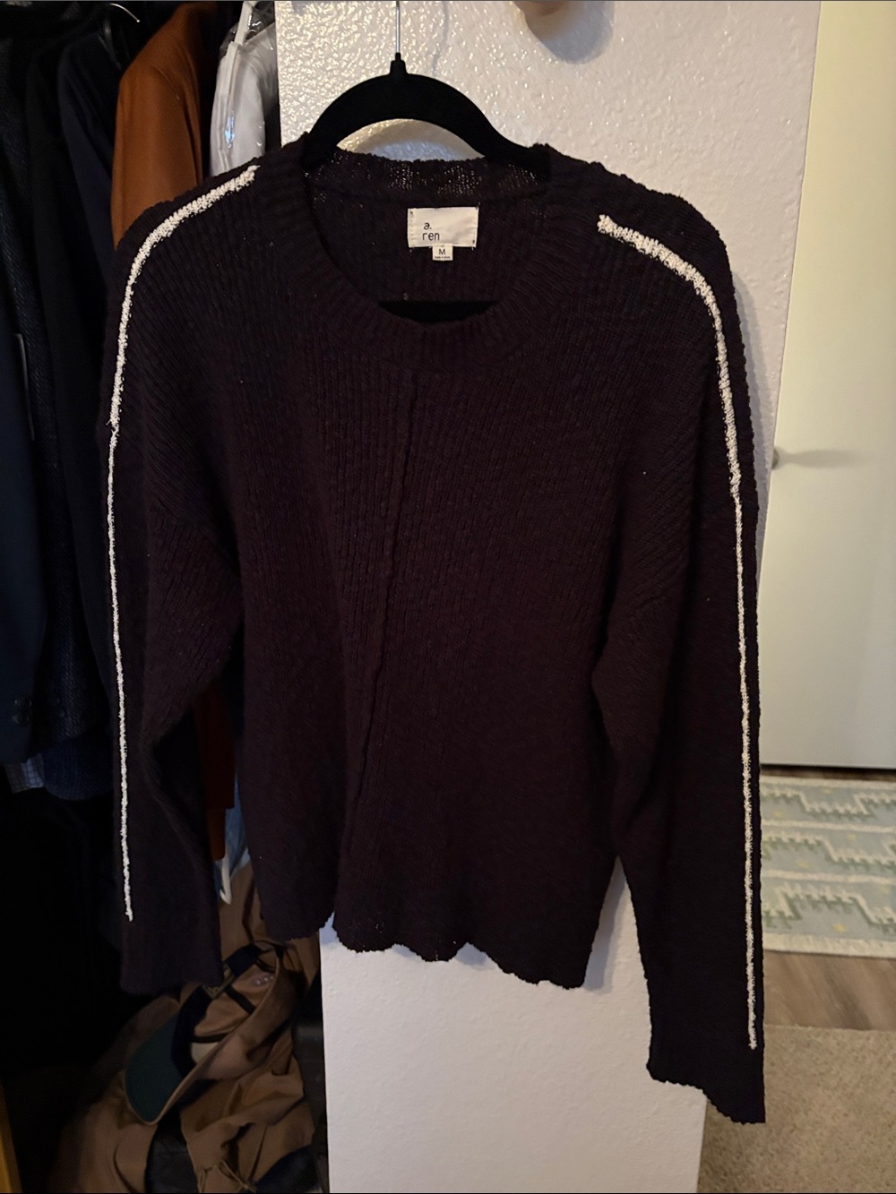 Women's Black Crewneck Sweater with White Shoulder Stripes